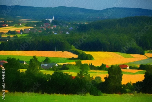 Watercolor and oil painting nature landscape, famous travel and touristic place, outdoor vacation trend print for poster, paper, textile or canvas. Modern fine arts design wallpaper. Wall art drawing