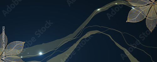Luxurious golden wallpaper. Dark background and golden branches and leaves. Gold leaf frescoes with a shiny light artistic texture. Wall mural of contemporary art. Vector illustration.