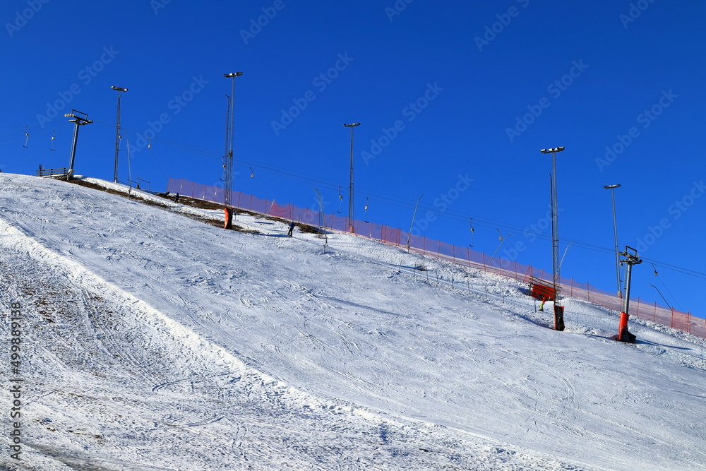 Swedish ski sklope during the winter. Small resort called Bruket. Downhill skiing. Stockholm, Sweden, Europe.