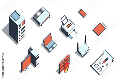 Isometric top view network diagram elements, office equipment and connection vector objects