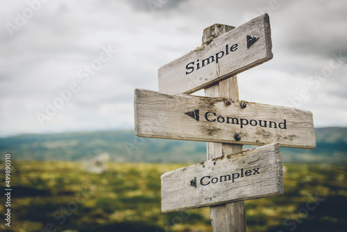 simple compund complex text quote written in wooden signpost outdoors in nature. Moody theme feeling. photo