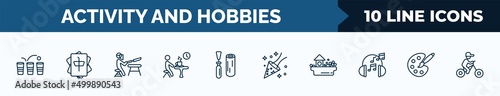 set of 10 activity and hobbies web icons in outline style. thin line icons such as beer pong, mahjong, knife making, resting, wood carving, party, ball pit, coloring vector illustration.
