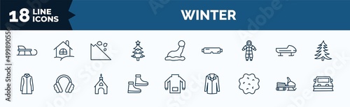 set of winter web icons in outline style. thin line icons such as sledge, christmas tree, snowsuit, fur coat, snowshoes, snow ball, snowmobile, snowplow vector.