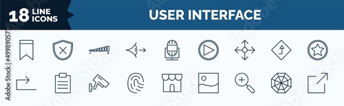 set of user interface web icons in outline style. thin line icons such as bookmark, look, enlarge, forward, finger prints, zoom, spider web, export vector.