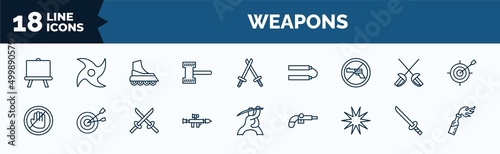 set of weapons web icons in outline style. thin line icons such as boards, thor hammer, no shooting, no arms, bazooka, burst, katana with handle, molotov cocktail vector.