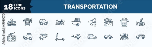 set of transportation web icons in outline style. thin line icons such as tramway, gondola, off road, funicular railway, micro scooter, cabriolet, hydroplane, minivan vector.