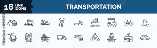 set of transportation web icons in outline style. thin line icons such as excavators, scooter front view, golf cart, airport shuttle, eighteen-wheeler, icebreaker ship, chairlift, automobile vector.