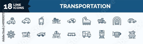 set of transportation web icons in outline style. thin line icons such as police car, ferry boat, haul, ship helm, pt boat, train front, dirigible, houseboat vector.