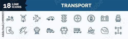 set of transport web icons in outline style. thin line icons such as bikes, auto, tram stop label, hands free device, loaded truck side view, sailing, motorsport, chassis vector.