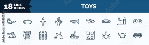 set of toys web icons in outline style. thin line icons such as digger toy, robot toy, keyboard toy, fire truck tricycle spider watering can bus vector.
