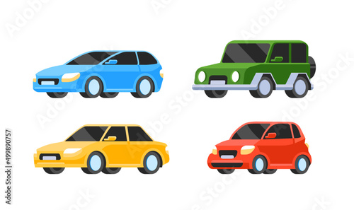 Cartoon Cars icons collection. Vector illustration in flat style. Cars and vehicles transport concept. Isolated on white background. Set of of different models of cars