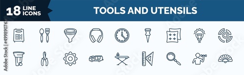 set of tools and utensils web icons in outline style. thin line icons such as daily specials board, headphone variant, cushion, recycling can, firetruck, searching tool, exercise with dumbbells,