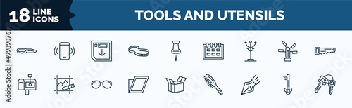 set of tools and utensils web icons in outline style. thin line icons such as penknife, rubber bands, clothes rack, postage, shear, ink pen, tiny key, key ring with two keys vector.
