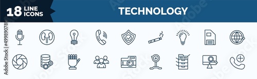 set of technology web icons in outline style. thin line icons such as big microphone, telephone receiver, light on, camera shutter, customers, photocopier, digitate, add call vector.