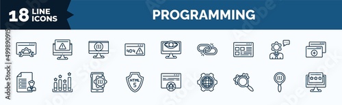set of programming web icons in outline style. thin line icons such as seo tools, error 404, ux de, seo report, html5, optimization, code review, seo reputation vector.