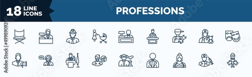 set of professions web icons in outline style. thin line icons such as director, baby sitter, plumber, marketing manager, podiatrist, maid, surgeon, lumberjack vector.