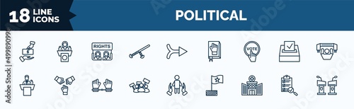 set of political web icons in outline style. thin line icons such as bribe, nightstick, vote, political speech, protest, health clinic, checking, debate vector.