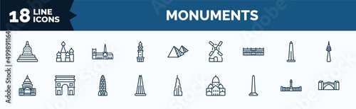 set of monuments web icons in outline style. thin line icons such as borobudur, clock tower, palace of versailles, united states capitol, the, national mall, retiro park, stari most vector.