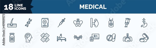 set of medical web icons in outline style. thin line icons such as dermis, syringe with medicine, tag with a cross, pills jar, illness on bed, drug pills, breath control, medicine capsules vector.