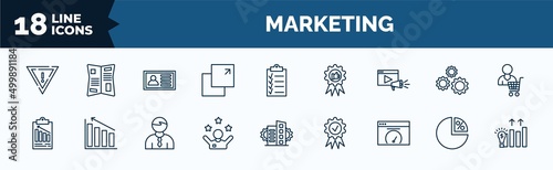 set of marketing web icons in outline style. thin line icons such as yield, pop up, video marketing, result, motivation, velocity test, ratio, demand vector.
