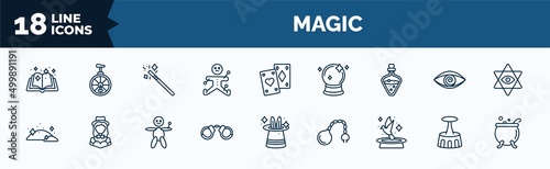 set of magic web icons in outline style. thin line icons such as magic book, voodoo, potion, dust, handcuffs, pigeon, acrobatic, cauldron vector.