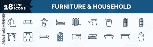 set of furniture & household web icons in outline style. thin line icons such as sump pump, sleigh bed, waste basket, curtains, double door, hassock, table, cactus vector.