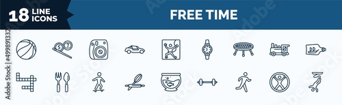 set of free time web icons in outline style. thin line icons such as sports, buggy, jumping, crossword, baking, running man, zorbing, bungee jumping vector.