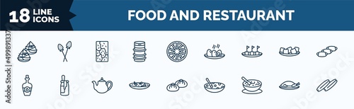 set of food and restaurant web icons in outline style. thin line icons such as zongzi, beer keg, maria mole, cider, cantonese seafood soup, sour soup, peking duck, youtiao vector.