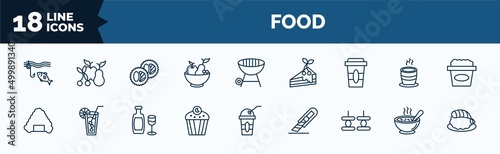 set of food web icons in outline style. thin line icons such as fishing line, fruit salad, disposable paper cup, rice ball with seaweed, zombie muffin, canape, japanese soup bowl, sushi prawn