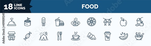 set of food web icons in outline style. thin line icons such as hotel service, hamburguer & drink, dried fish, popcorn shop, knife and fork, coffe cup, melon slice, bowl of food vector.