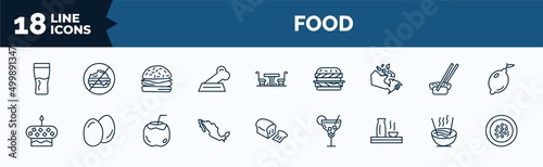 set of food web icons in outline style. thin line icons such as pint, dog food, canadian, cake with one candle, mexican, sake, noodle soup, shuizhu vector.