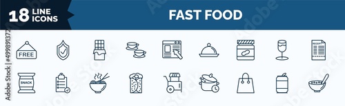 set of fast food web icons in outline style. thin line icons such as free, cups, peanut butter, snack, burrito, paper bag, can, cereal vector.