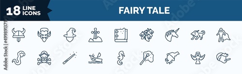 set of fairy tale web icons in outline style. thin line icons such as viking, excalibur, unicorn, rapunzel, shipwreck, witch, harpy, pinocchio vector.