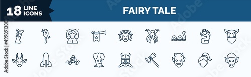 set of fairy tale web icons in outline style. thin line icons such as myth, fanfare, loch ness monster, faun, talking tree, devil, damsel, vampire vector.