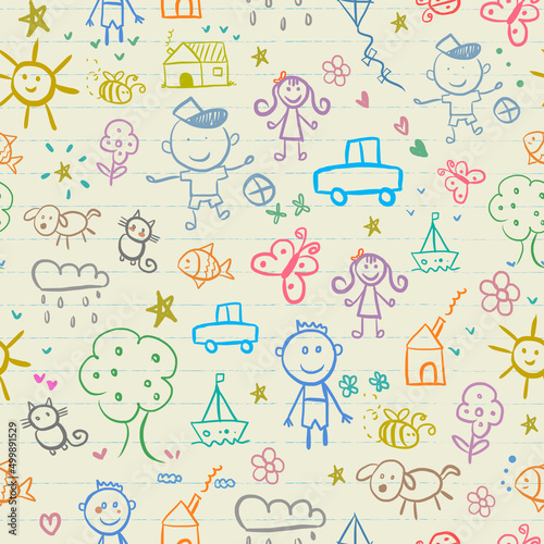 Seamless background with children animals and flowers elements. Hand drawn children drawings color seamless pattern. Doodle children drawings.