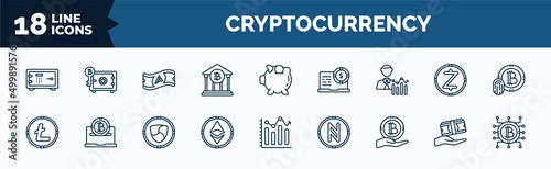 set of cryptocurrency web icons in outline style. thin line icons such as strongbox, bank, economist, , donation, loan, circuit
