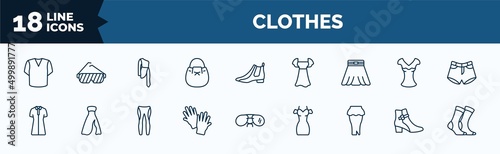 set of clothes web icons in outline style. thin line icons such as v neck shirt, bucket bag, circle skirt, lyocell shirt dress, wool gloves, peplum skirt, ankle boots, women socks vector.