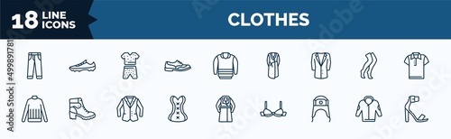 set of clothes web icons in outline style. thin line icons such as jeans, shoes, suit jacket, turtleneck, cor, ushanka, jogging jacket, heels vector.