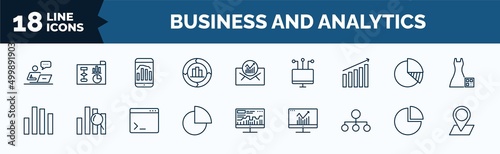 set of business and analytics web icons in outline style. thin line icons such as correspondence, value chart, increasing stocks, bar stats, chart pie, flow chart, data analytics circular, 3d