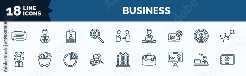 set of business web icons in outline style. thin line icons such as rearrange, money searcher, laptop analysis, angry boss, money investment, statistics presentation, sleepy worker at work, email
