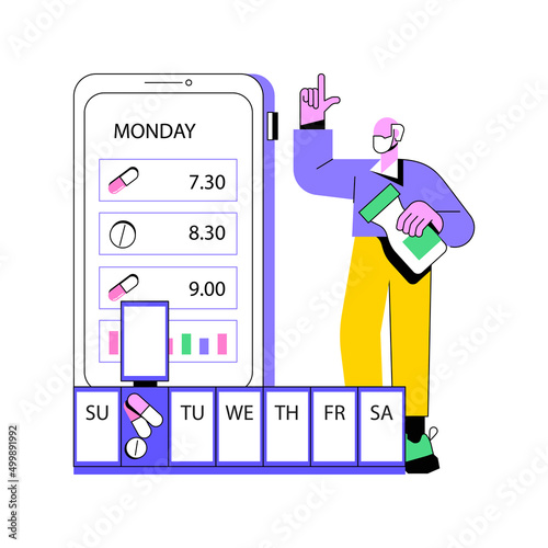 Smart pill boxes abstract concept vector illustration. App controlled medication tool, drug reminder device, set disease medication schedule, monitoring system smart technology abstract metaphor.
