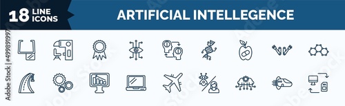 set of artificial intellegence web icons in outline style. thin line icons such as ar monocle, bionic eye, synthetic food, motorway, laptop, cloud intelligence, hyperloop, data transfer vector.
