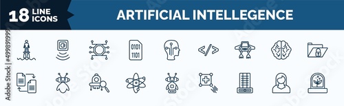 set of artificial intellegence web icons in outline style. thin line icons such as flyboard, binary, fyling vehicle, file transfer, science, difference engine, personal assistant, artificial
