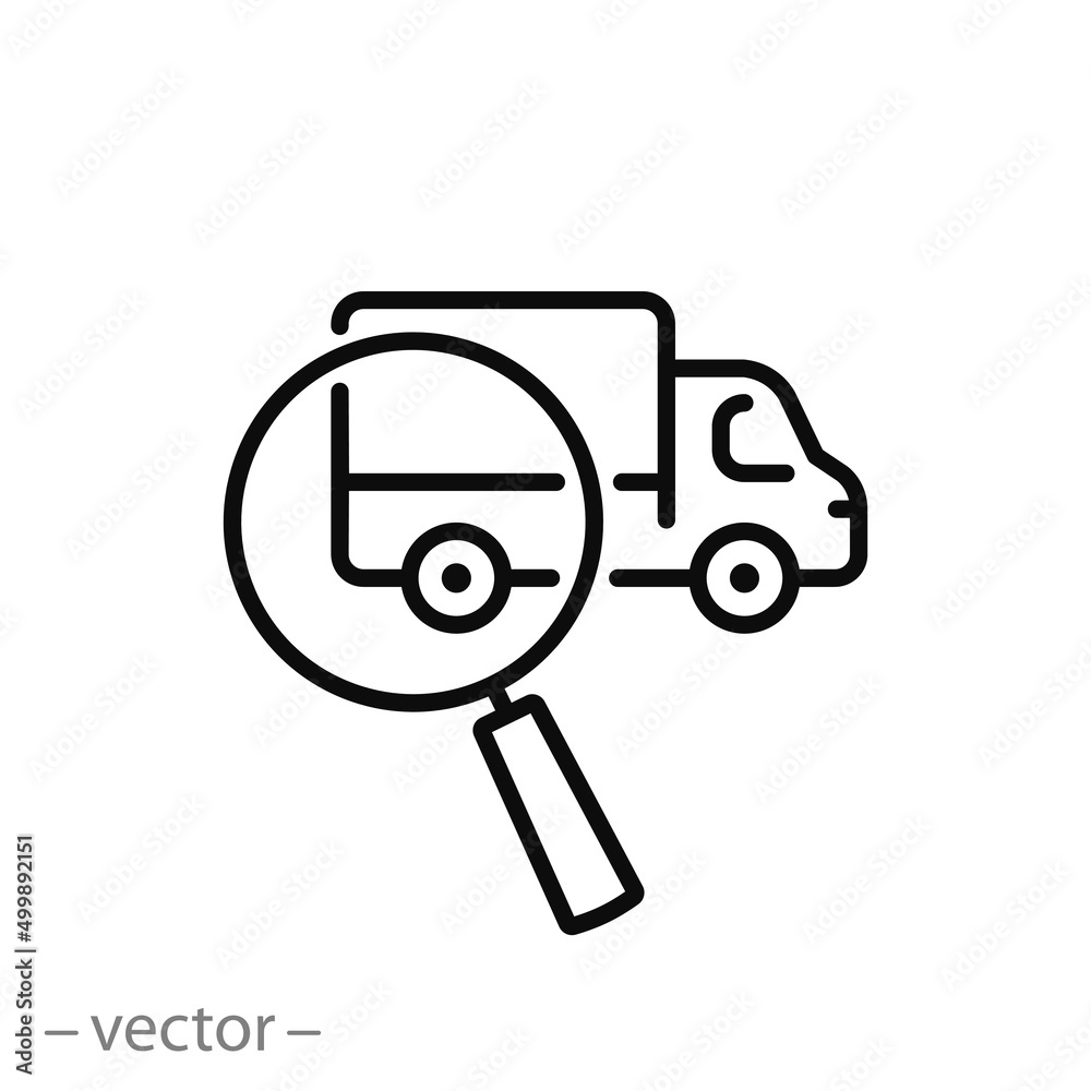 truck technical inspection icon, magnifying glass with vehicle, auto search or check, thin line symbol on white background - editable stroke vector illustration