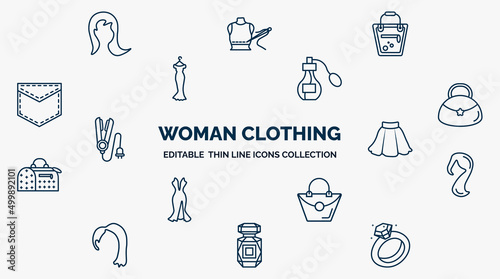 concept of woman clothing web icons in outline style. thin line icons such as female long hair, female handbag, parfume, hobo shoulder bag, skirt black short, female long black hair, handbag of