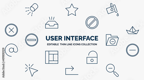concept of user interface web icons in outline style. thin line icons such as lightining, paint, forbbiden, paper boat, remove, minus, unblocked, forward, zoom out vector.