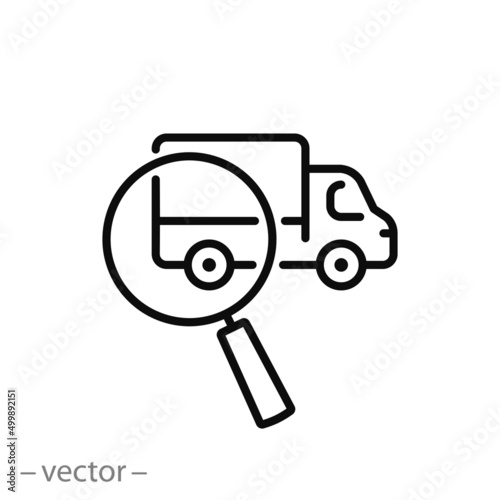 truck technical inspection icon, magnifying glass with vehicle, auto search or check, thin line symbol on white background - editable stroke vector illustration