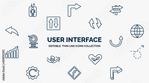 concept of user interface web icons in outline style. thin line icons such as lift, road, update arrow, worldgrid, curved up arrow, curly dotted arrow, ecologic heart, right curve, 3d turn right