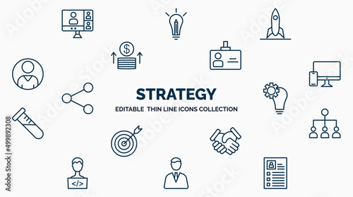 concept of strategy web icons in outline style. thin line icons such as meeting, startup, visitor, responsive, strategy, collaboration, handshake, businessman, resume vector.