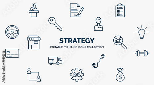 concept of strategy web icons in outline style. thin line icons such as speech, planning, manager, creativity, analysis, strength, path, teamwork, money bag vector.